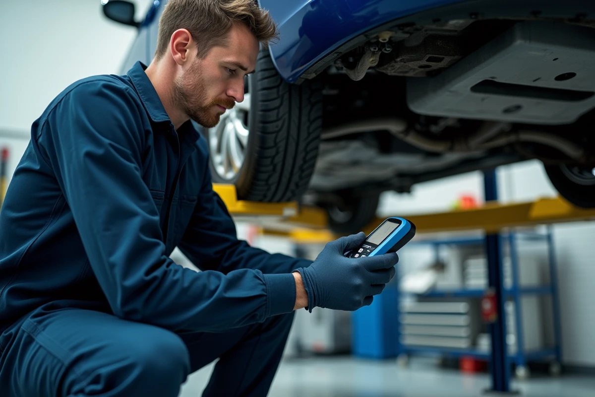 Mécanicien inspectant le dessous d'une Peugeot 308 avec un scanner de diagnostic en atelier