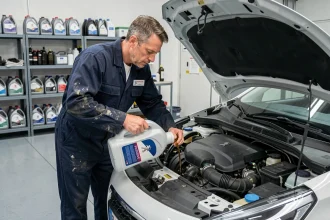 Technicien versant de l'huile moteur dans une Peugeot 208 essence dans un garage professionnel