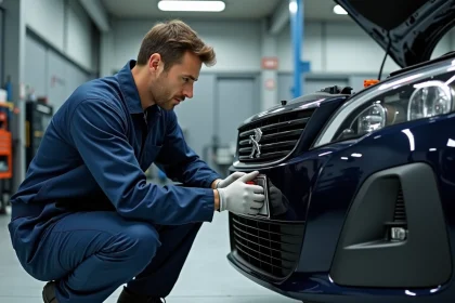Technicien automobile inspectant la batterie d'une Peugeot dans un garage professionnel