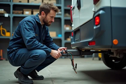 Technicien automobile inspectant la prise remorque 7 broches à l'arrière d'un véhicule dans un garage