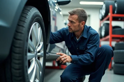 Technicien automobile lisant les marquages de taille sur un pneu dans un atelier de pneumatiques