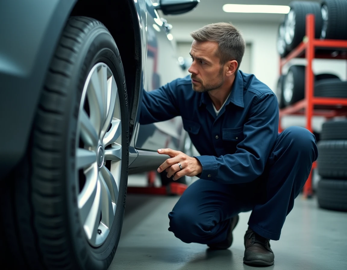 Technicien automobile lisant les marquages de taille sur un pneu dans un atelier de pneumatiques