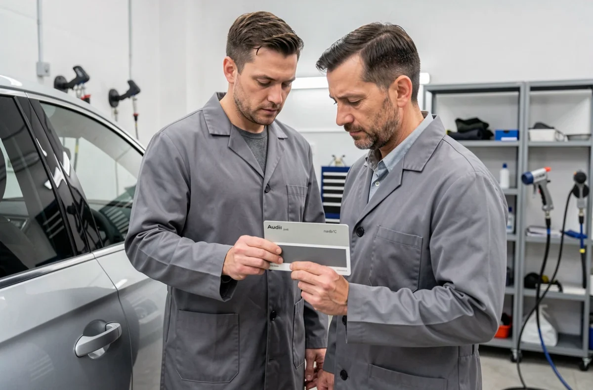 Technicien carrossier comparant une carte de teinte gris nardo LY7C avec le panneau de portière d'une Audi dans un atelier professionnel