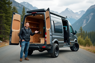 Homme fiere devant van aménagé en montagne
