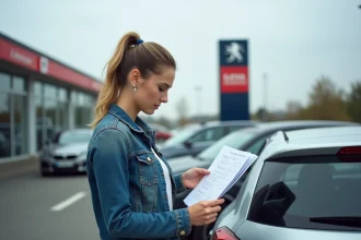 Femme vérifiant les documents d'historique d'une Peugeot 208 d'occasion dans un parking de concessionnaire