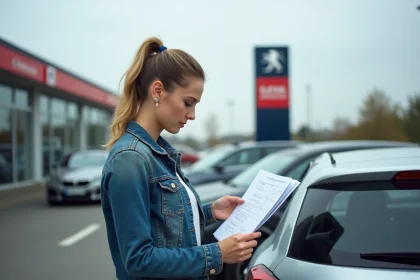 Femme vérifiant les documents d'historique d'une Peugeot 208 d'occasion dans un parking de concessionnaire