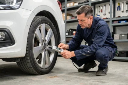 Mécanicien vérifiant la pression des pneus d'une Volkswagen Polo avec un manomètre numérique dans un garage