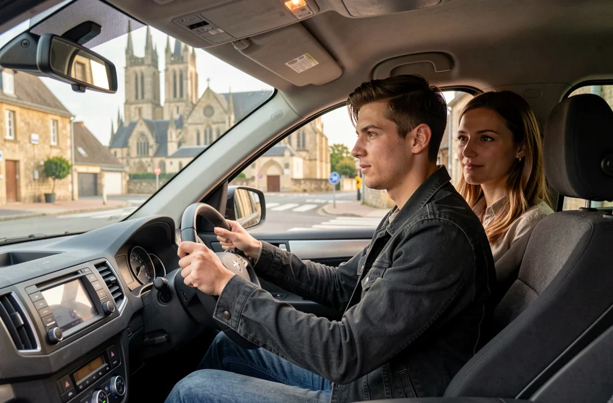 Un jeune conducteur au volant d'une voiture d'auto-école à Bayeux avec la cathédrale en arrière-plan flou, Viking Driving School