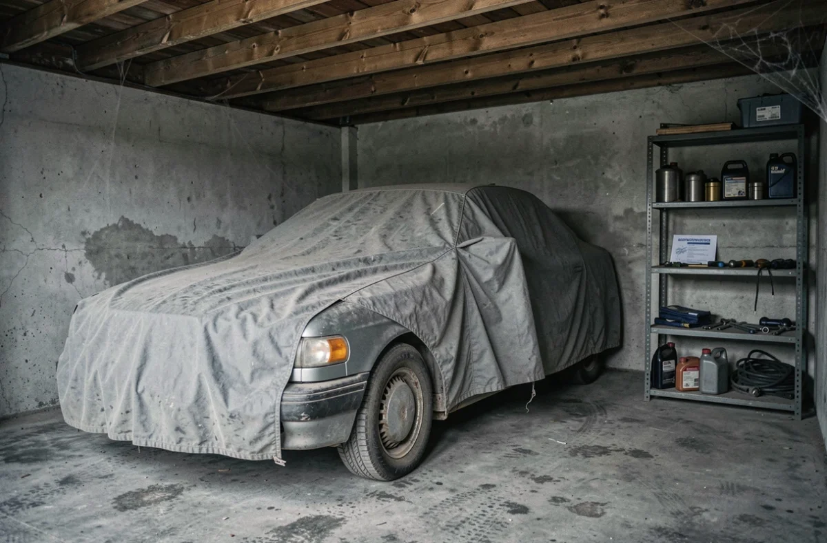 Voiture non roulante recouverte d'une housse grise dans un garage avec une brochure d'assurance sur une étagère