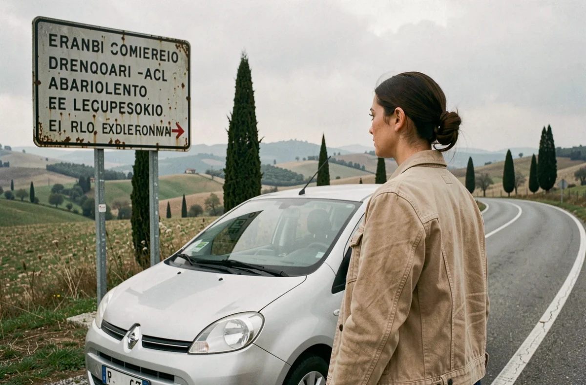 Femme devant une voiture de location au bord d'une route italienne avec panneau de signalisation