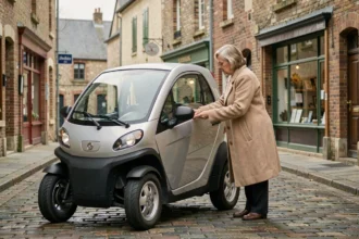 Femme examinant une voiture sans permis d'occasion dans une rue pavée d'un village de la Somme