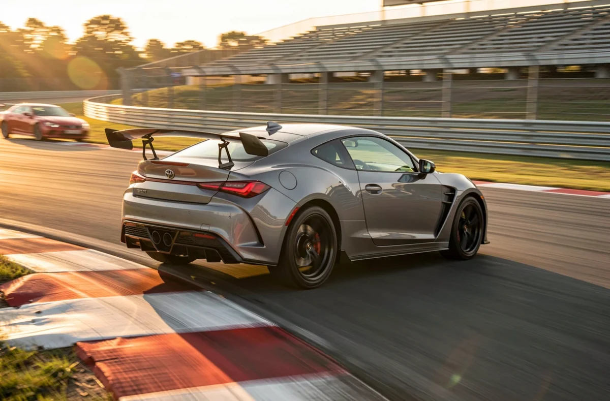Voiture sportive accélérant en sortie de virage sur circuit